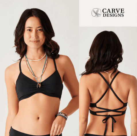 Carve Designs catalog creative showing a swim top from two angles with the Carve Designs logo