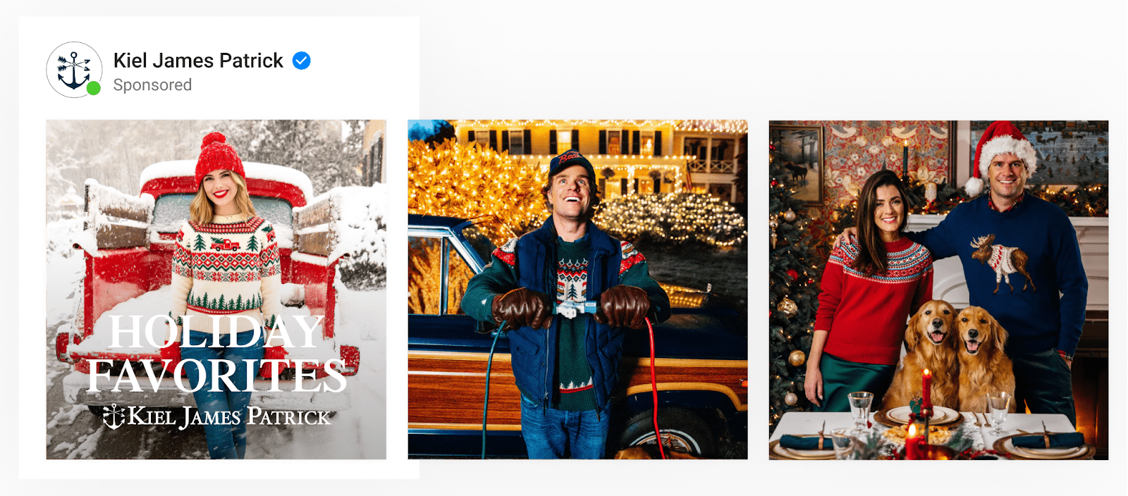 A dynamic ad by clothing brand with an intro card that sets context of Winter sweaters & other products in the catalog ad