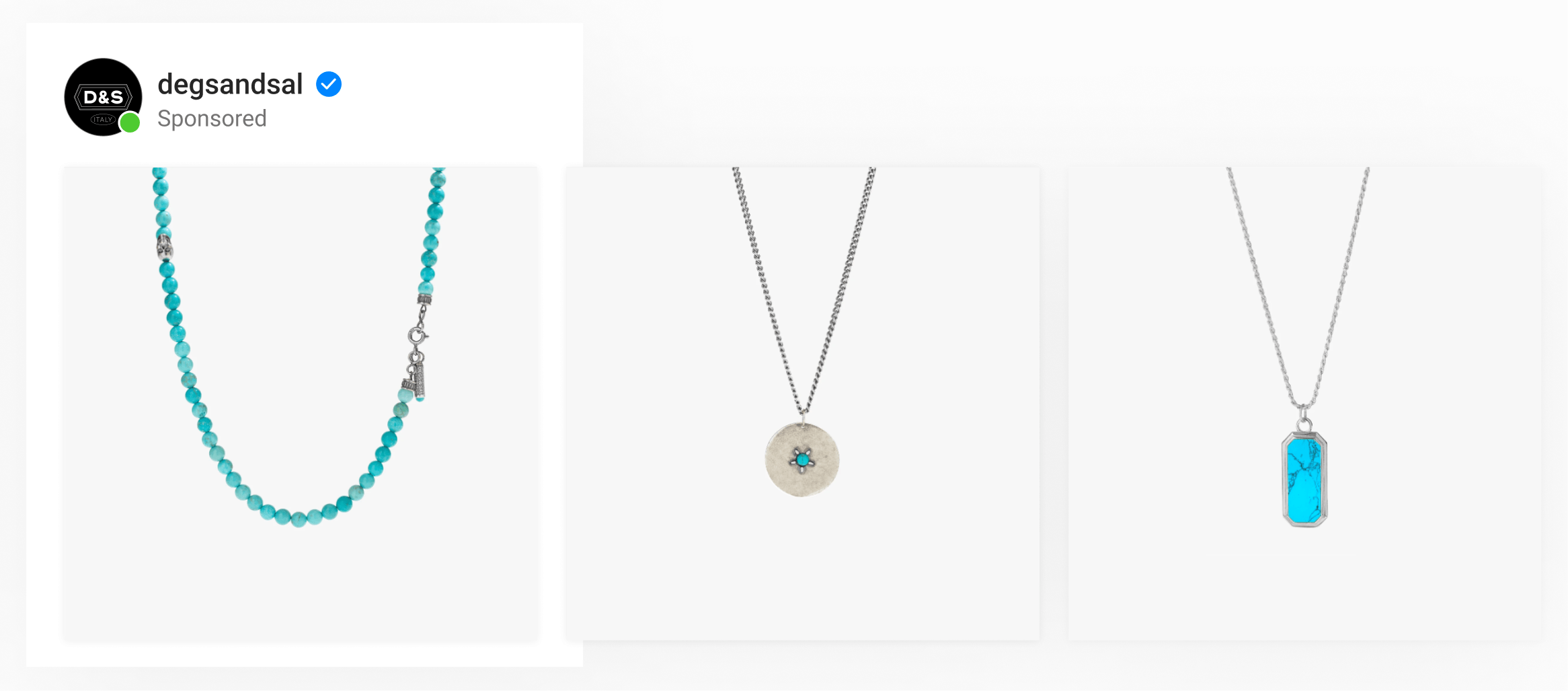 A dynamic carousel ad by designer jewelry brand Degs & Sal showing plain product images of necklaces.