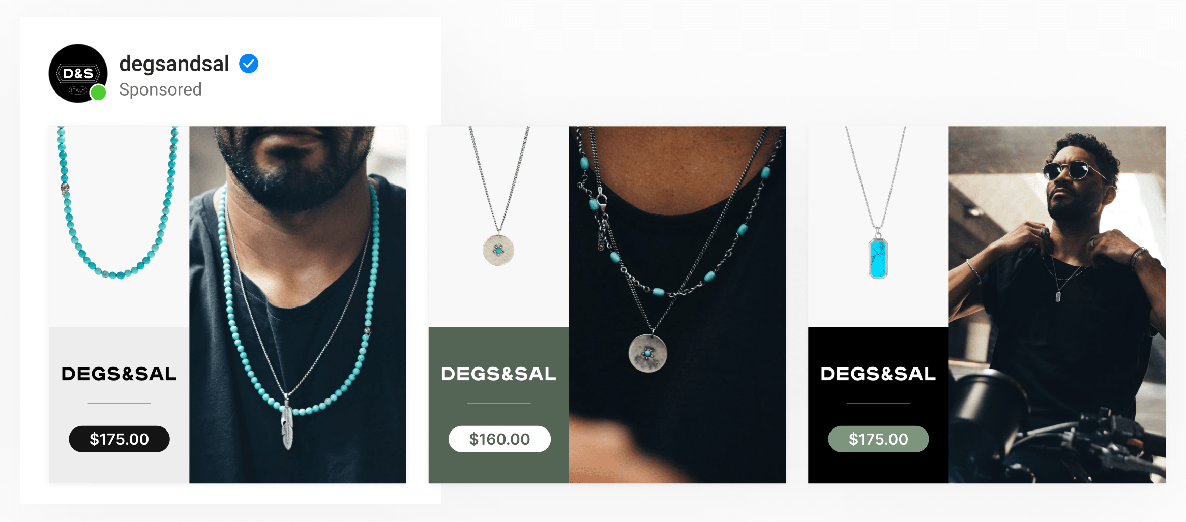 A two-image dynamic carousel ad by jewelry brand Degs & Sal showing logo, product price, with product & lifestyle images