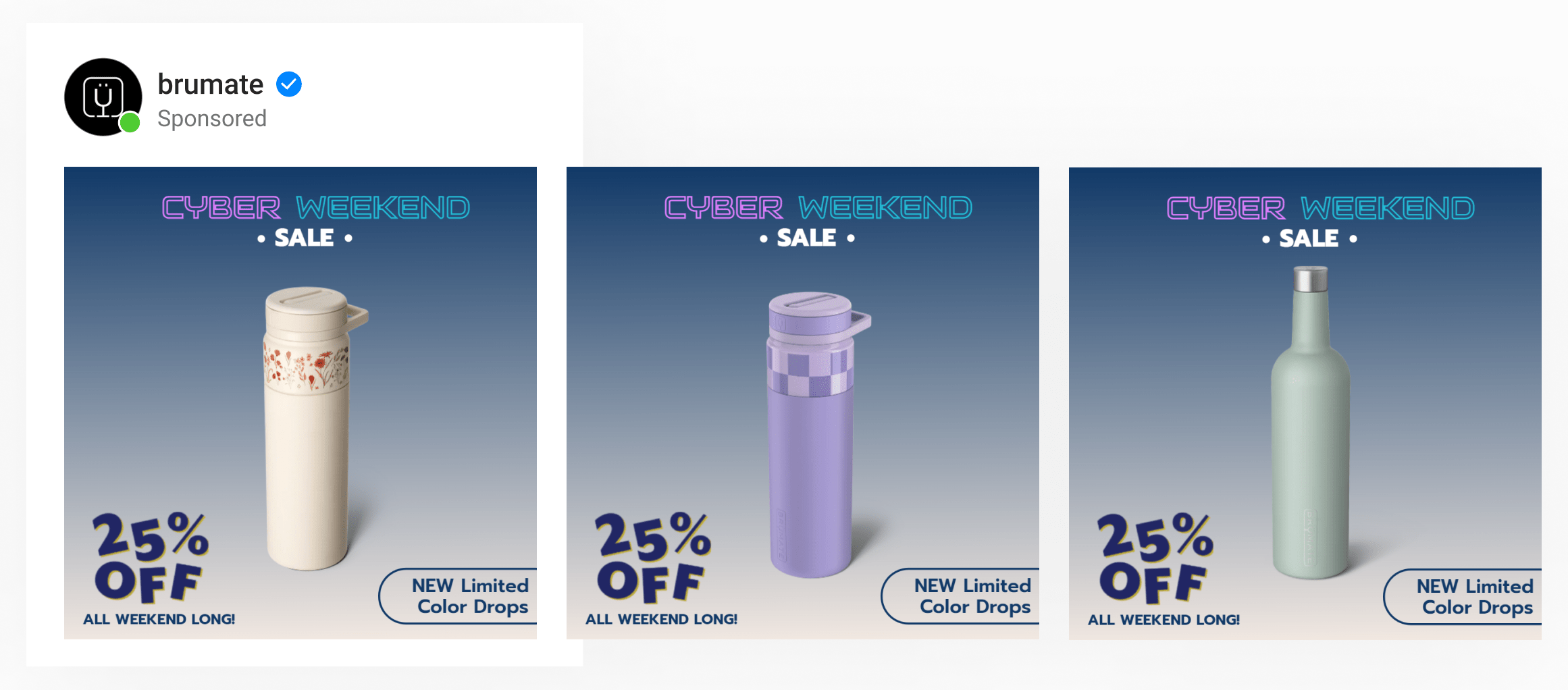 A background-removed dynamic ad by a drinkware brand with Cyber Weekend messaging, custom background & discount offer.