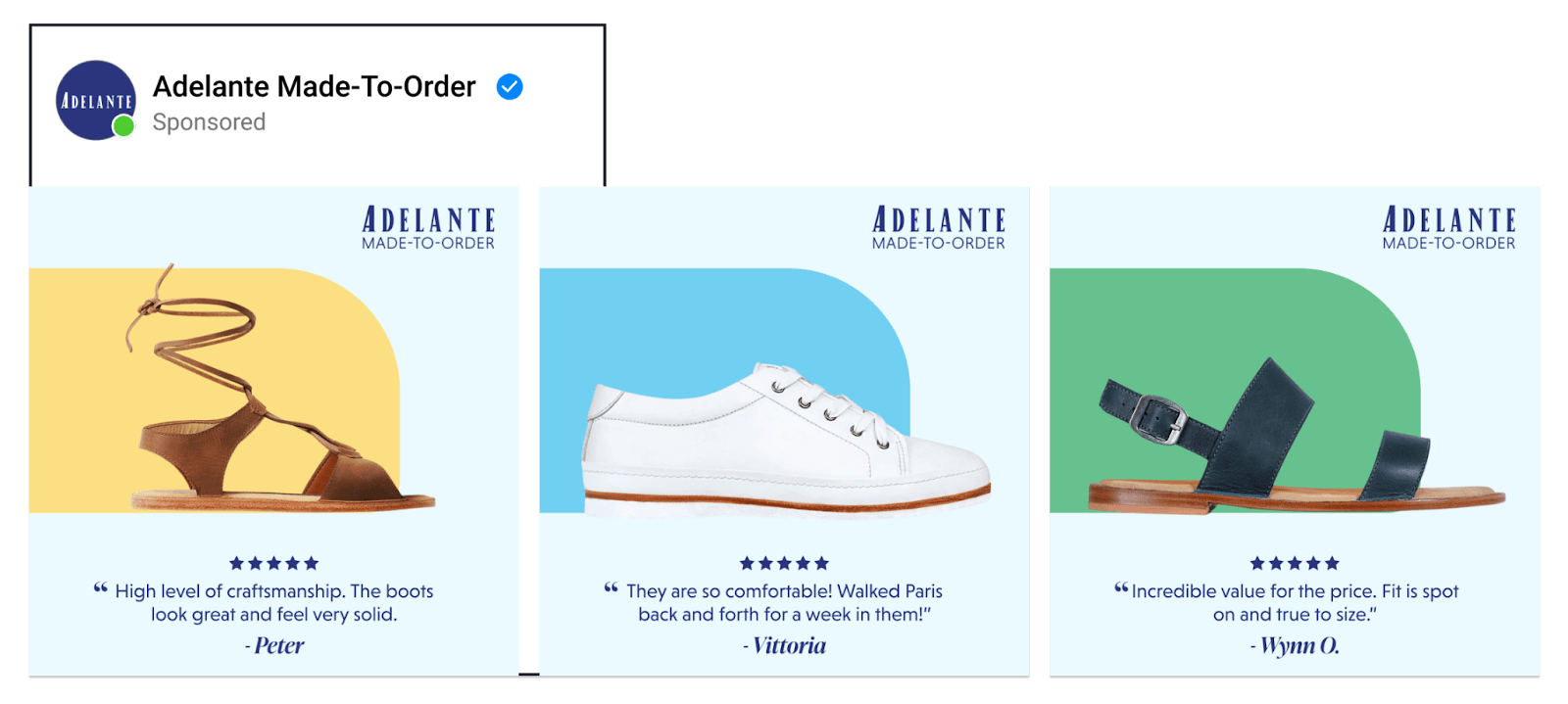 A dynamic catalog ad by footwear brand using background-removed images with review, 5 stars & name of customer.
