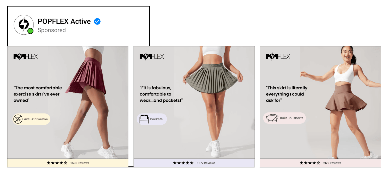 A dynamic catalog ad by athleisure brand using lifetsyle images with review count, 5 stars & unique selling points.