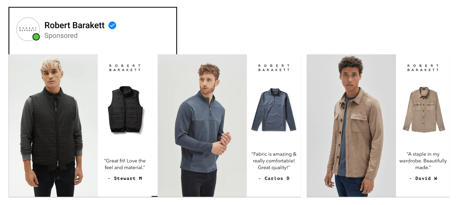 A dynamic catalog ad by menswear brand using lifetsyle images with review & unique name of customer.