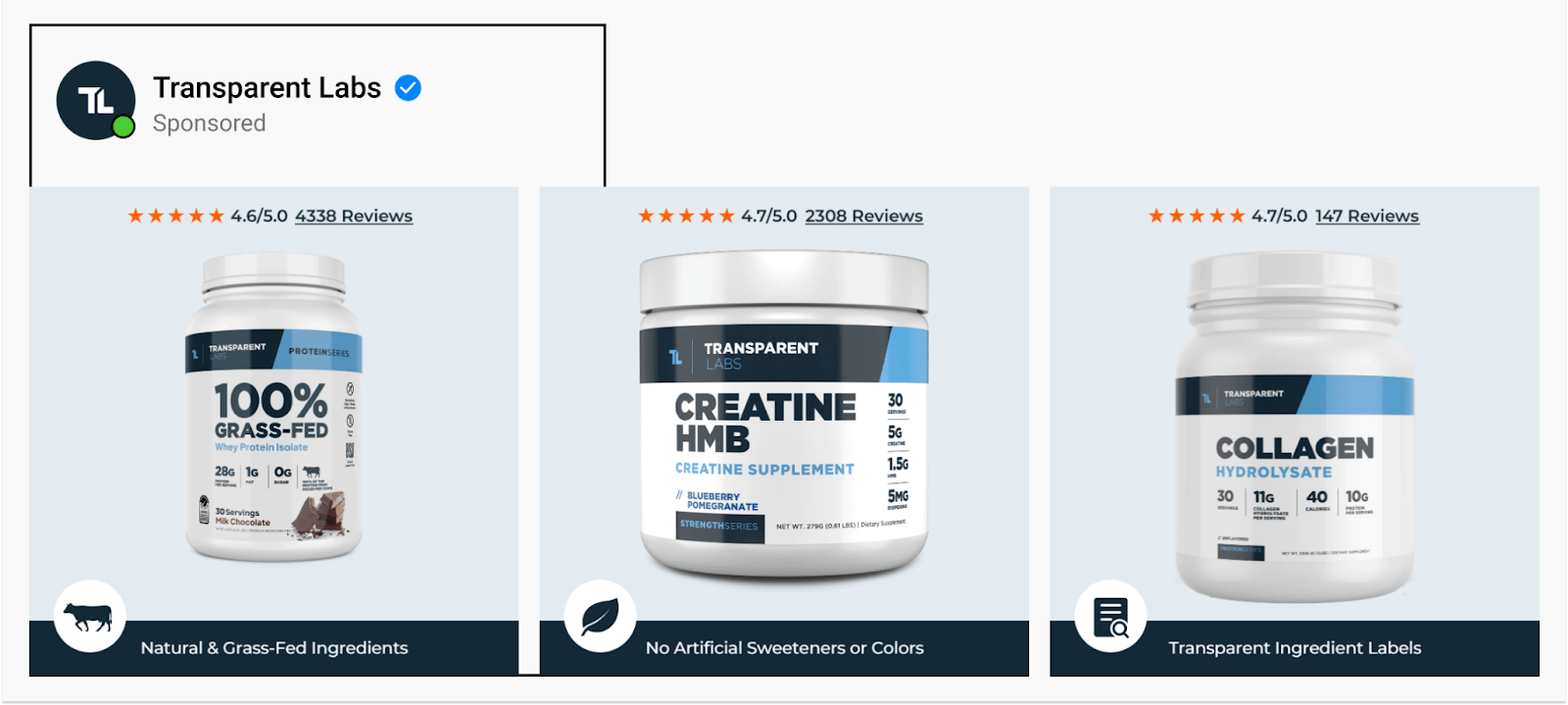 A dynamic catalog ad by nutrition and supplements brand using background-removed images with review count, 5 stars & unique selling points.