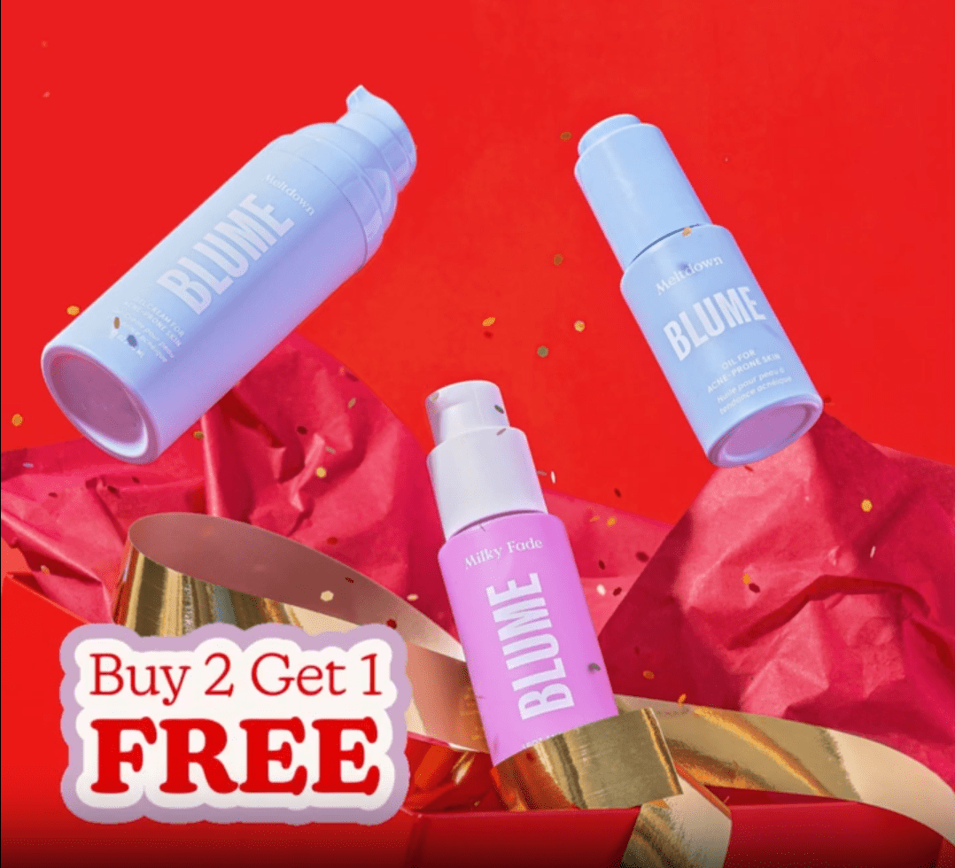 A dynamic ad by skincare brand Blume highlighting the buy two get one free sale messaging for Black Friday and Cyber Monday.
