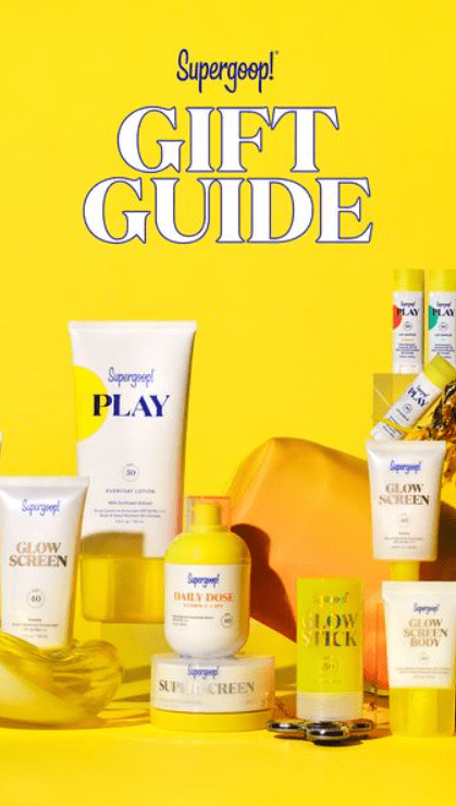 A dynamic ad by skincare brand Super Goop highlighting SPF-themed gift guide messaging for Black Friday and Cyber Monday.