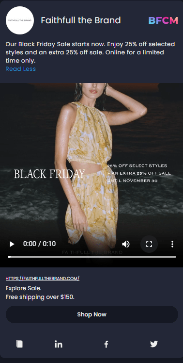 A dynamic video ad by apparel brand Faithful the Brand highlighting free shipping and sale messaging for BFCM.