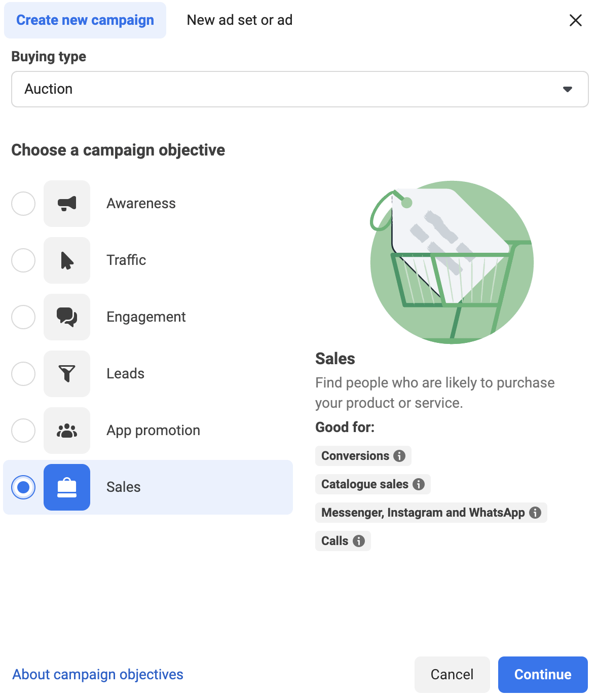 Screenshot of the Meta Ads Manager when setting the campaign objective.