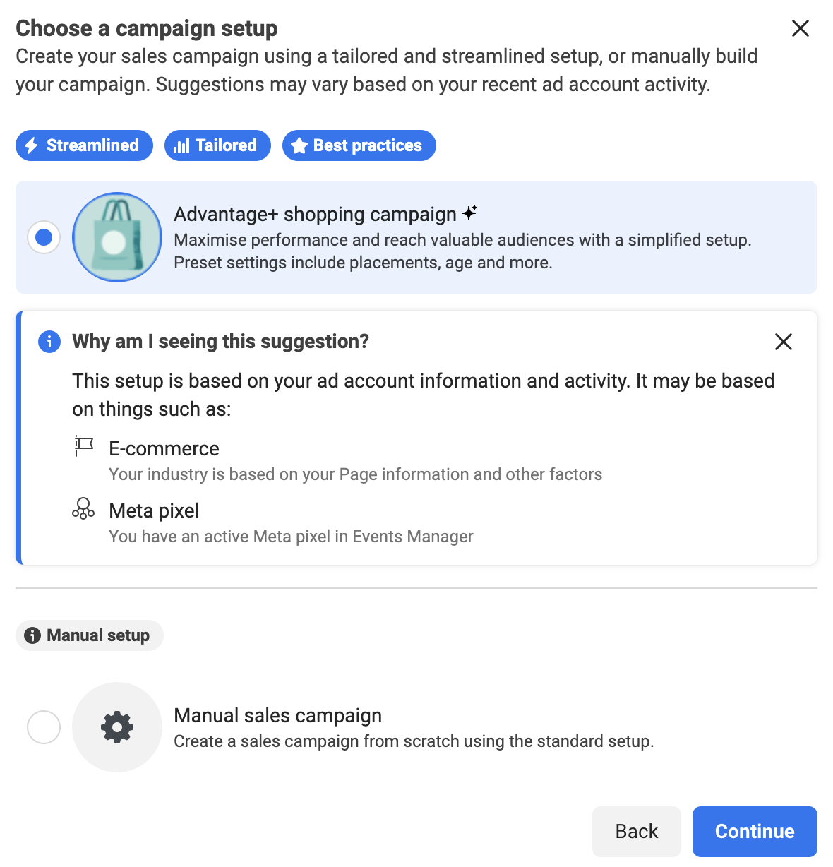 Choosing a campaign setup on Meta Ads Manager
