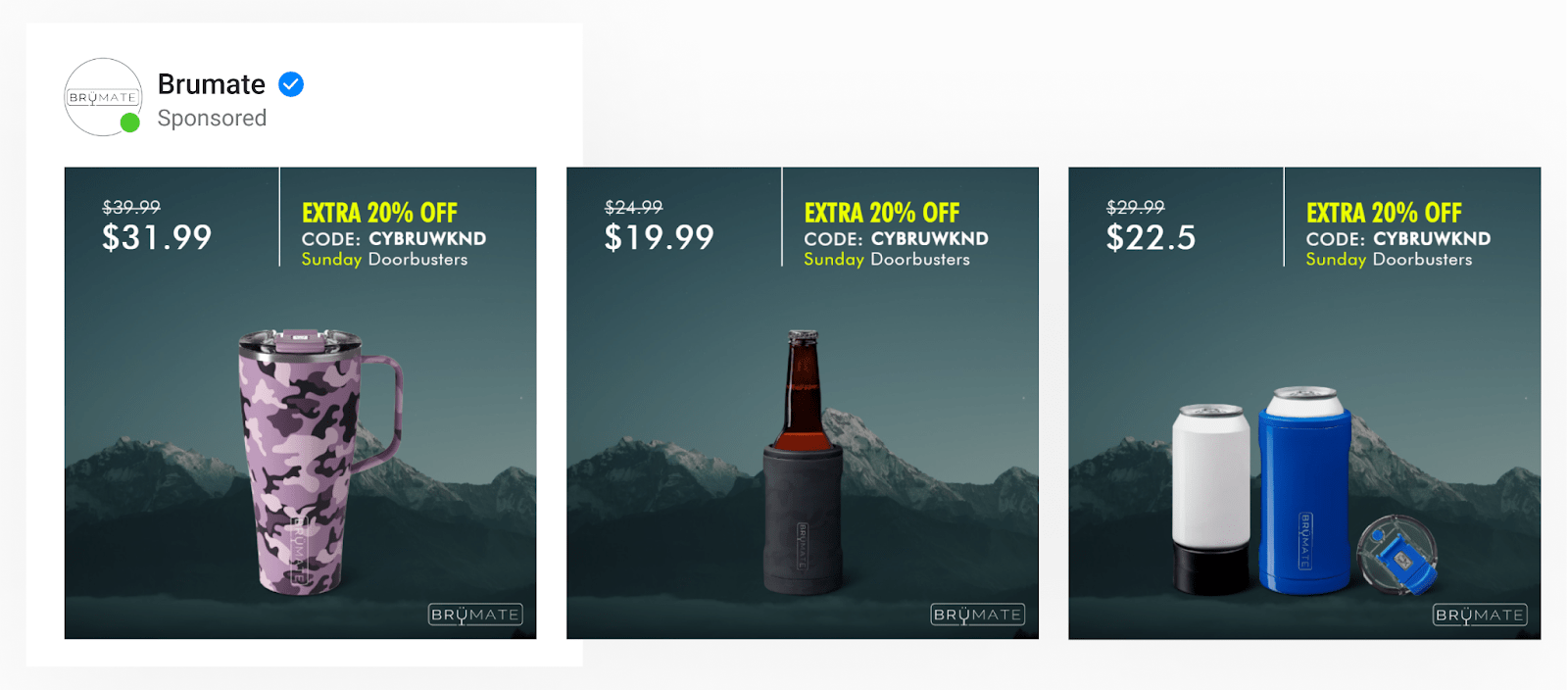 A catalog template with an outdoorsy background and product images highlighting the brand’s BFCM promotions and coupon code.
