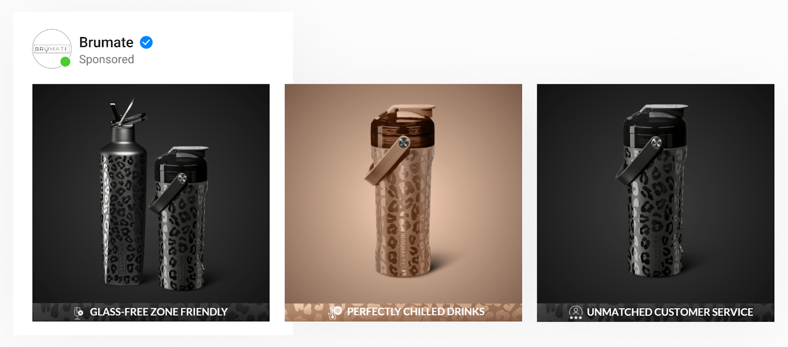 A catalog template with rotating backgrounds with a copper/black gradient with product images and mapped product names of the brand’s gold/onyx leopard collections.