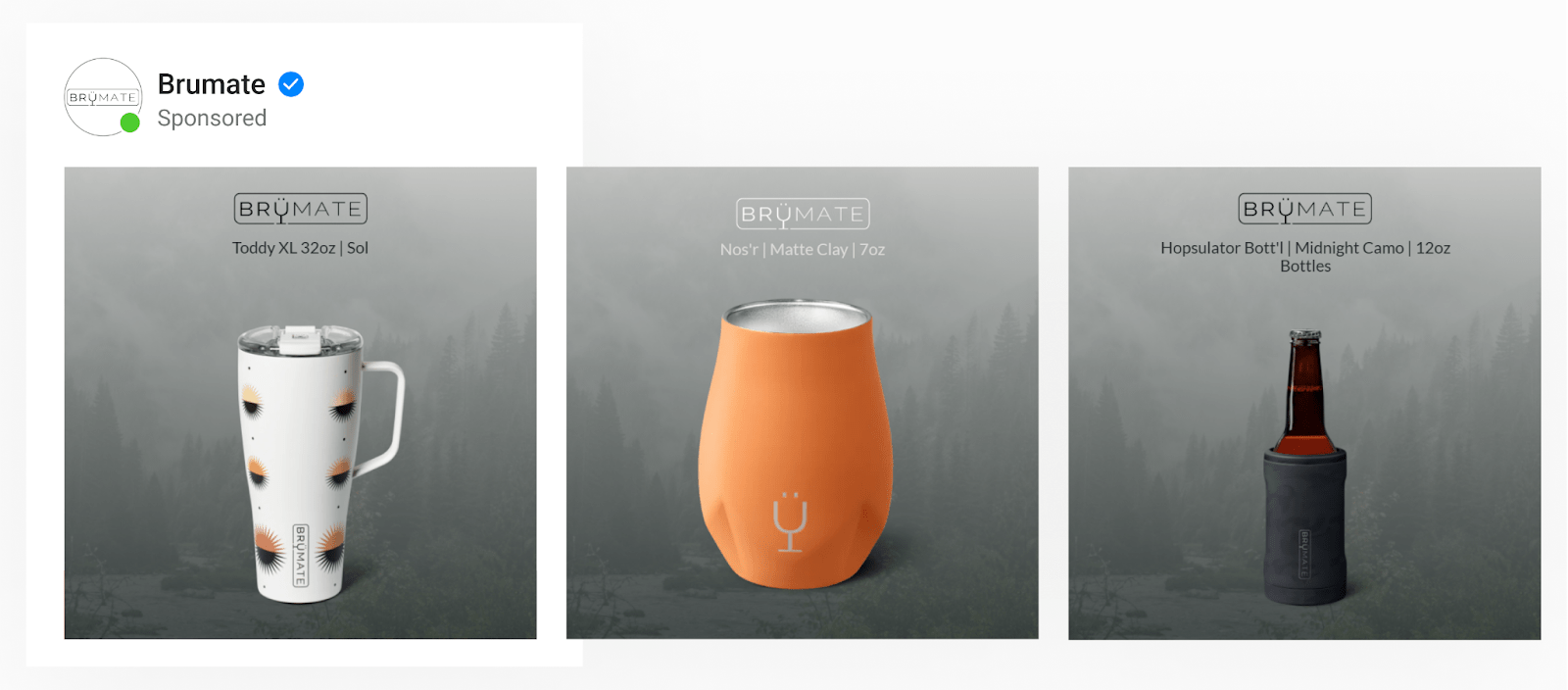 A template with rotating value props featuring product images of the brand’s drinkware collection on a grey, outdoorsy background