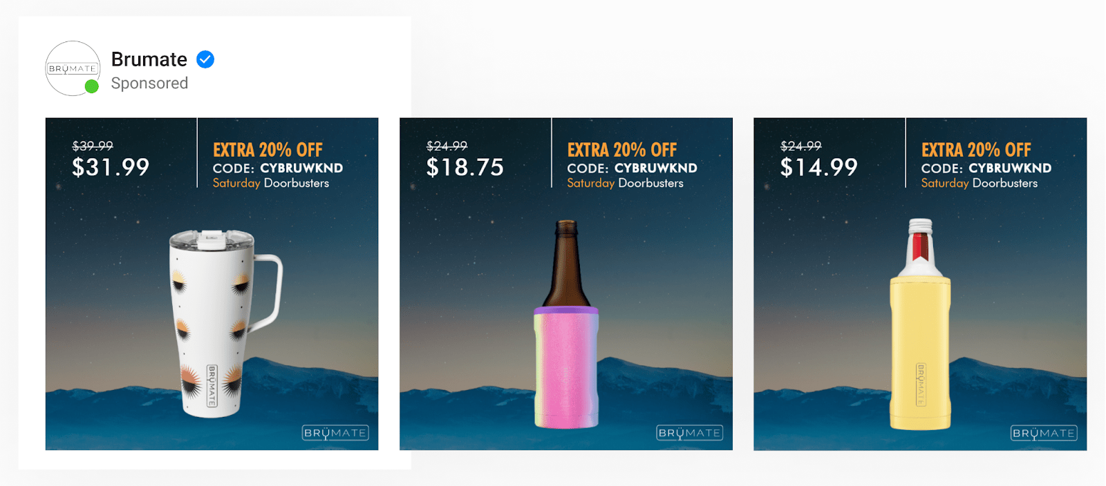A catalog template with an outdoorsy background and transparent product images highlighting the brand’s weekend doorbusters offer