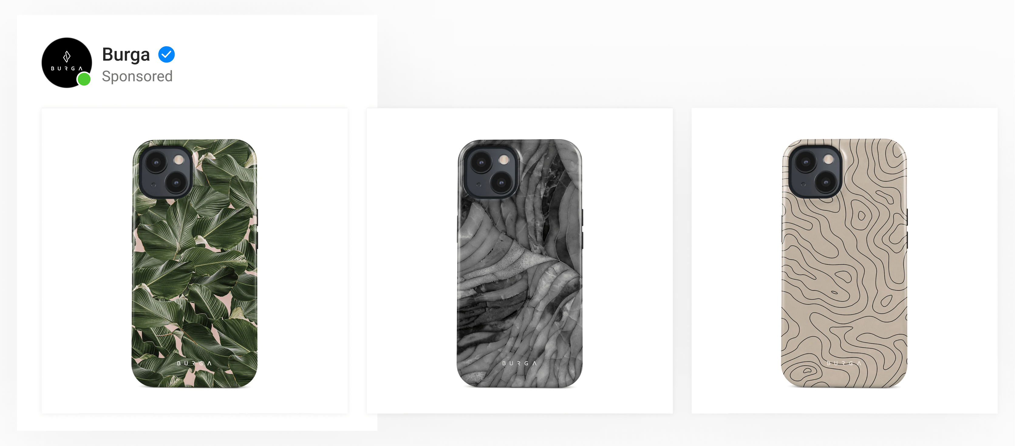 A carousel ad of phone cases with plain white backgrounds