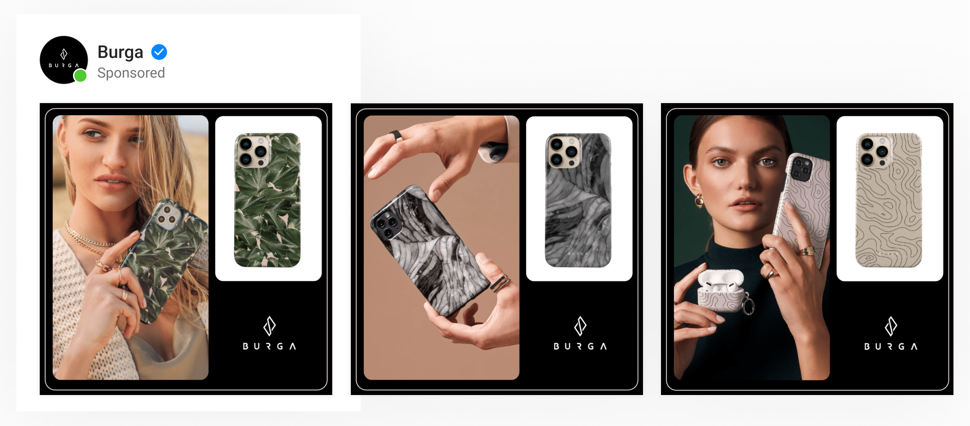 A 2-image template with a dark background featuring a lifestyle image & a product image of a phone case plus the brand logo.