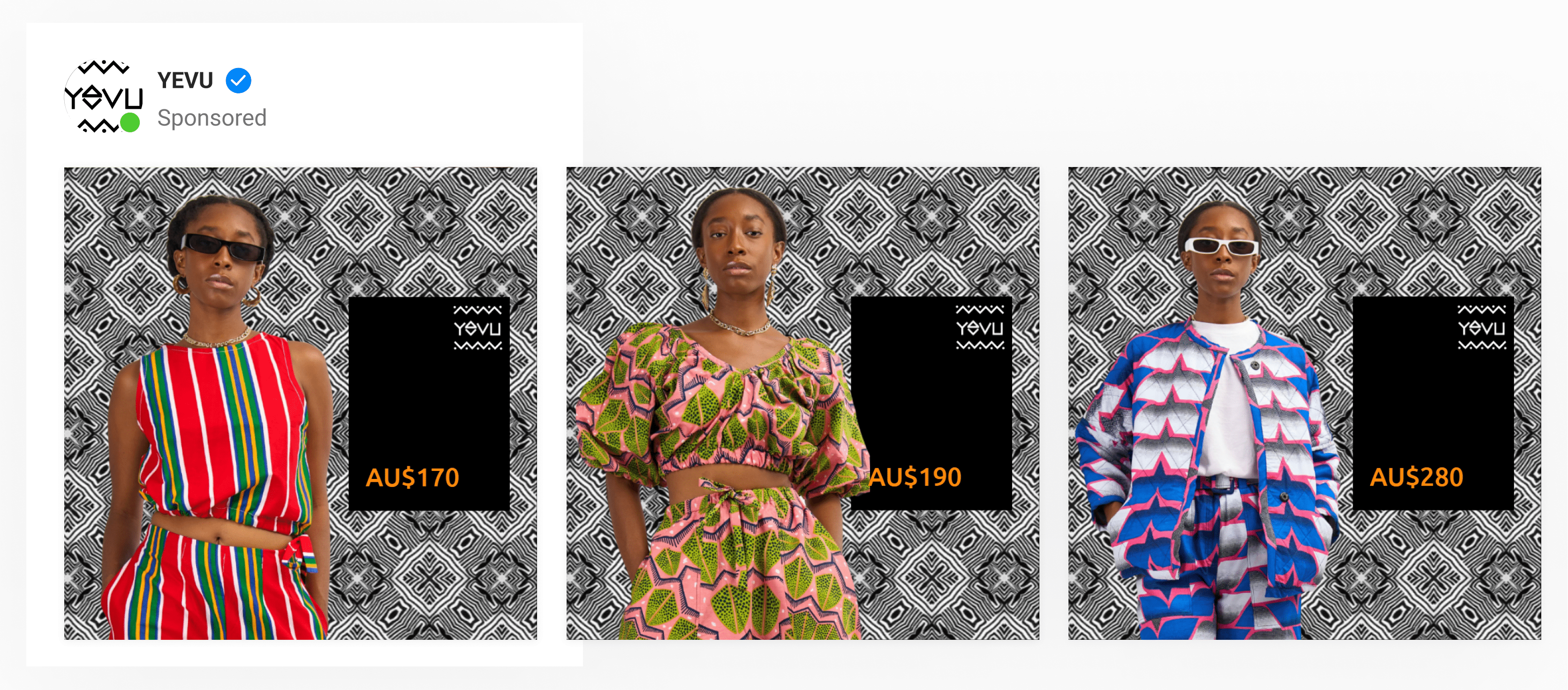 A dynamic ad by a sustainable clothing brand with unique on-brand backgrounds to complement the product. Includes price.