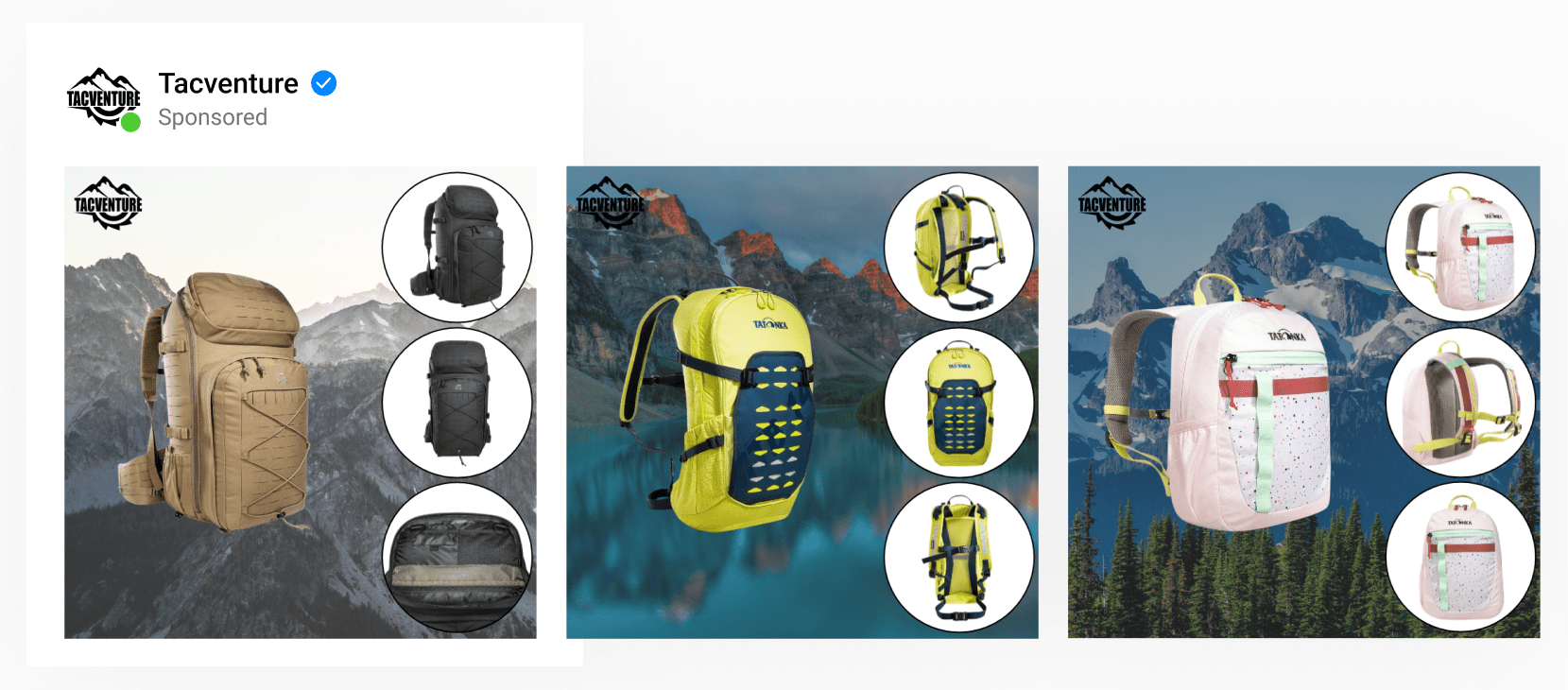 A 4-image template by an adventure brand with a lifestyle photo in focus & three product images beside showing different angles of the backpack.