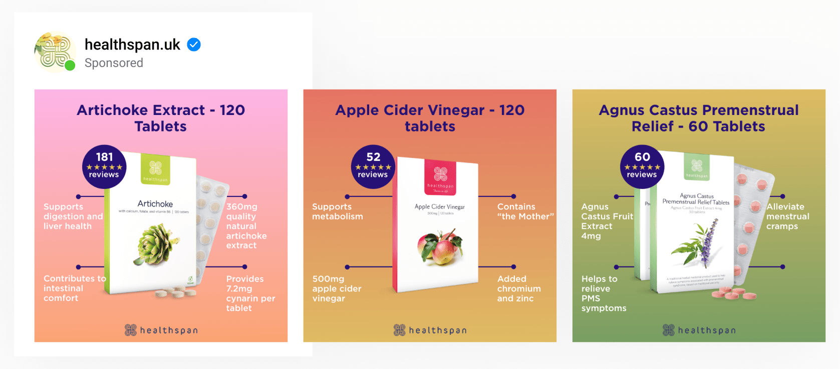 A dynamic ad template for a pharma brand with vitamins on top of custom gradients with unique selling points overlaid.
