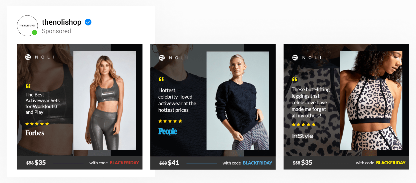 A dynamic ad template by athleisure brand with lifestyle images next to changing PR quotes, discounted pricing & coupon codes