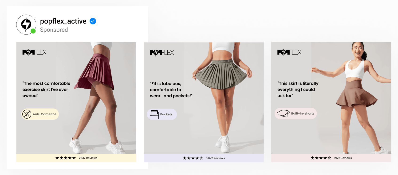A dynamic ad template by athleisure brand using models wearing skorts with changing reviews, unique selling points