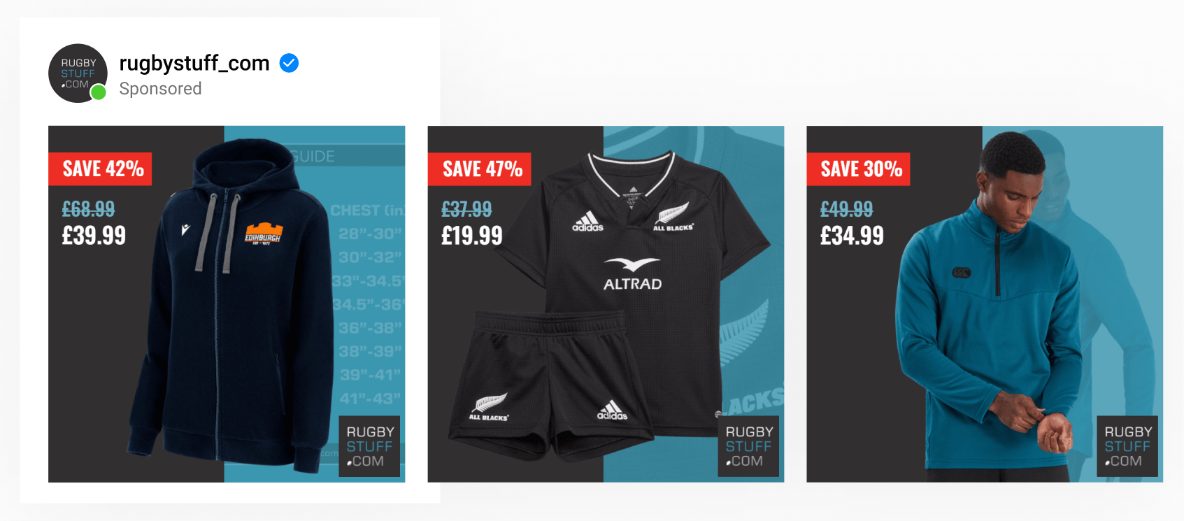 A dynamic ad template by rugby equipment brand with 2 images, one of them in the background. Shows cut-price and discount,