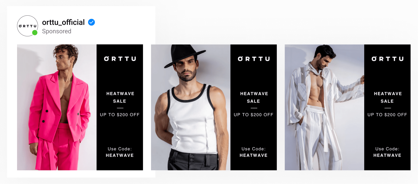 A dynamic ad template by men's designer clothing using models wearing products, with brand logo, sale messaging & coupon code