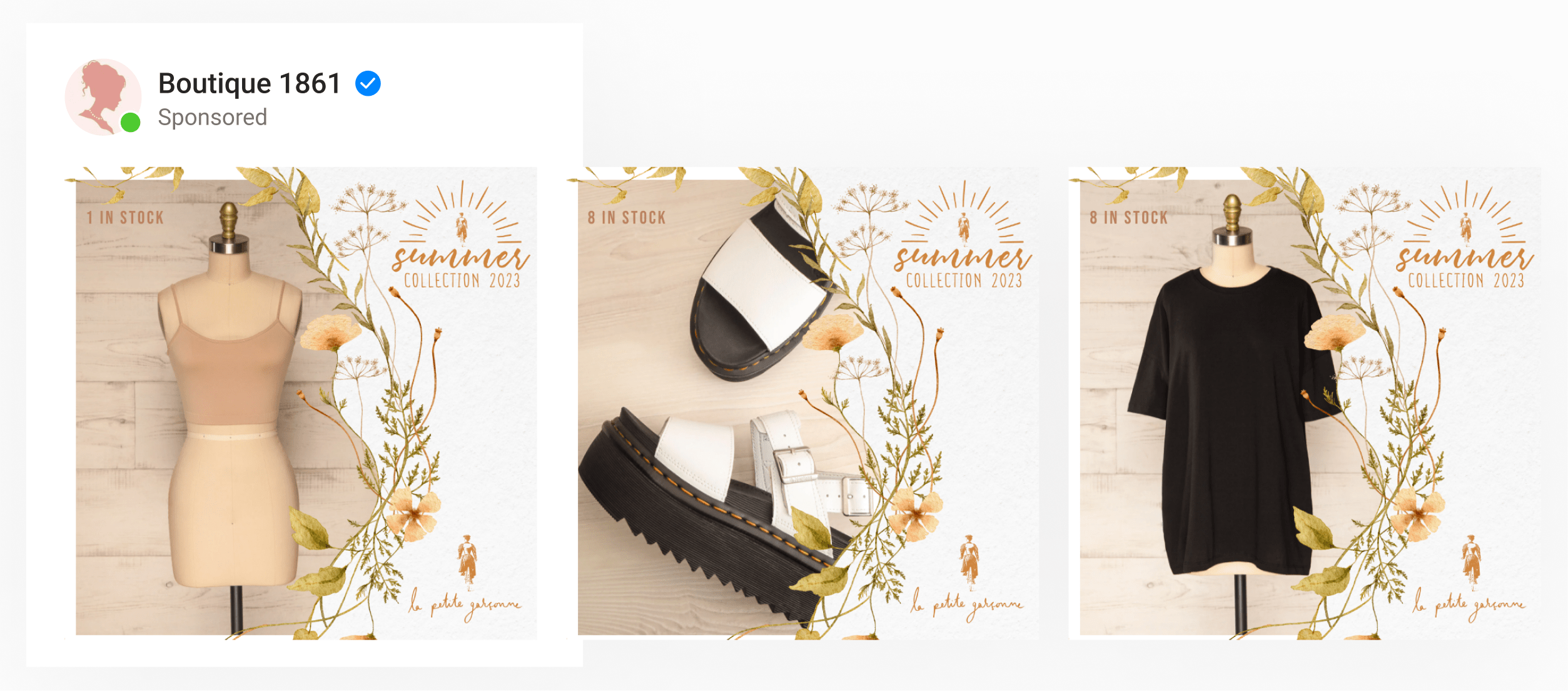 A dynamic ad template by clothing bouqtique using spring-themed custom designed frames with inventory automation overlaid