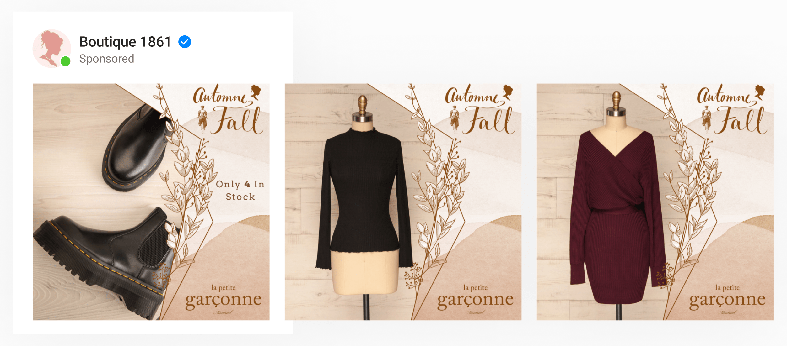 A dynamic ad template by clothing bouqtique using autumn-themed, custom designed frames with inventory automation overlaid