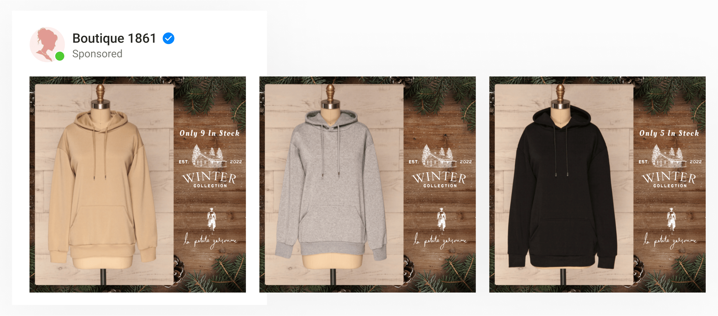 A dynamic ad template by clothing boutique using winter-themed, custom frames with inventory automation overlaid