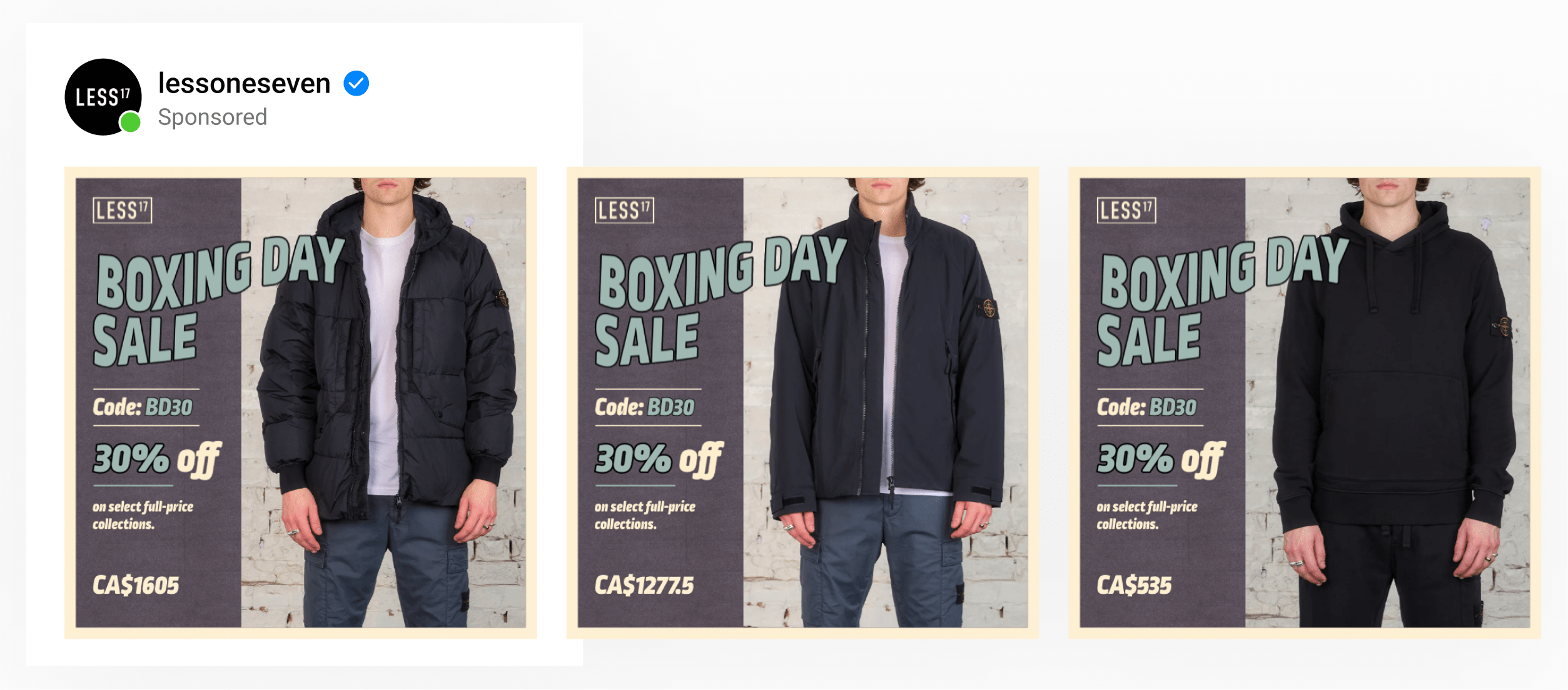 A dynamic ad template by luxe clothing brand using product images with Boxing Day sale messaging, discount & coupon code