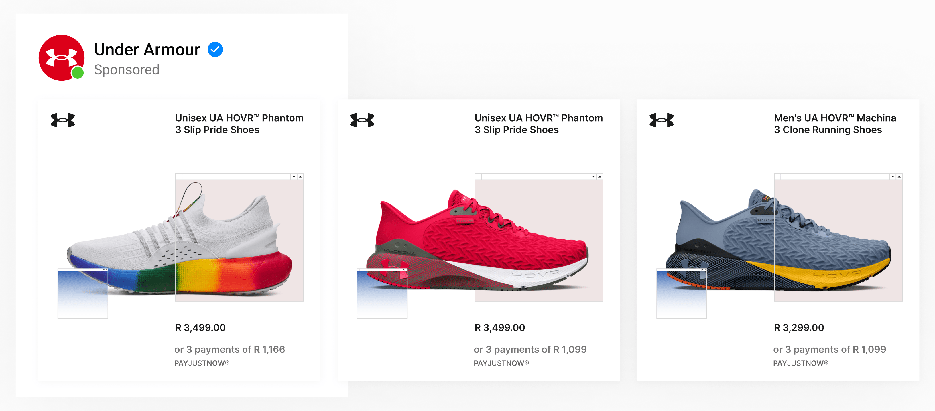 A dynamic ad template by sportswear brand Under Armour using custom backgrounds showing product name, price & BNPL offers