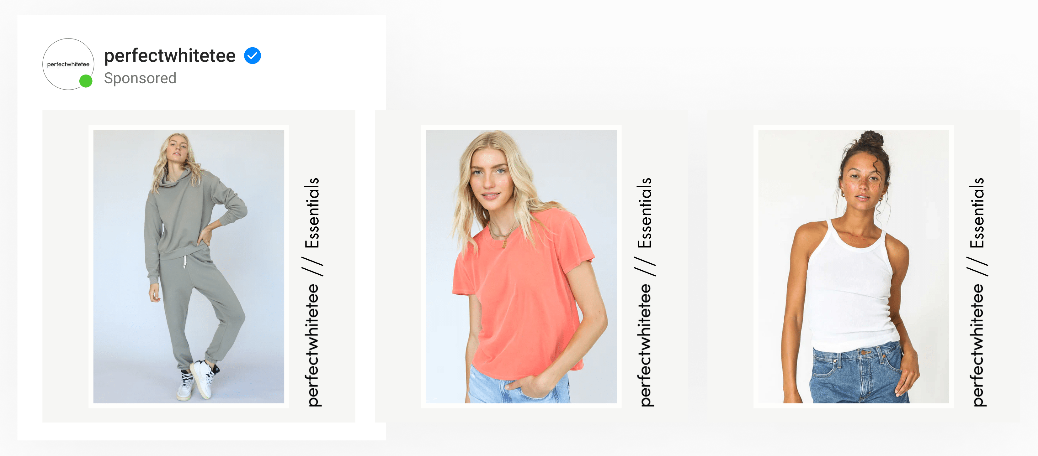 A dynamic ad template by premium clothing brand perfect white tee using lifetysle images on minimally framed layout & collection name 