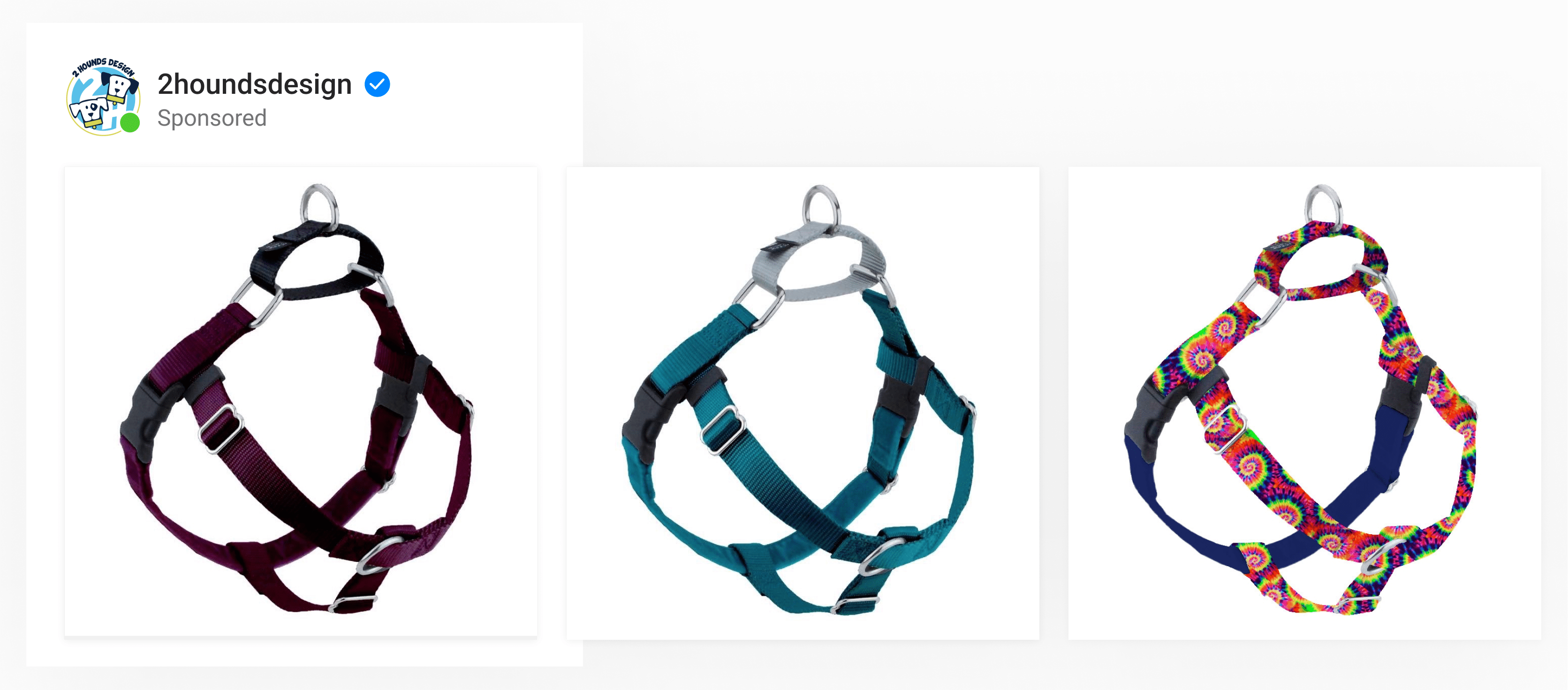 A carousel ad of dog harnesses with plain white backgrounds