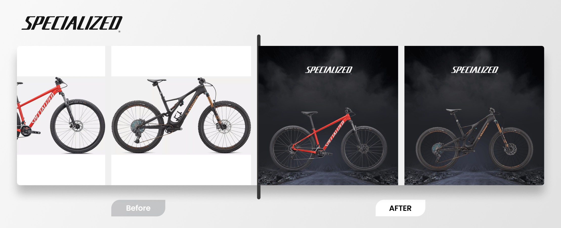 A comparison of bike brand Specialized's dynamic ads showing plain images on the left and Socioh's designs on the right