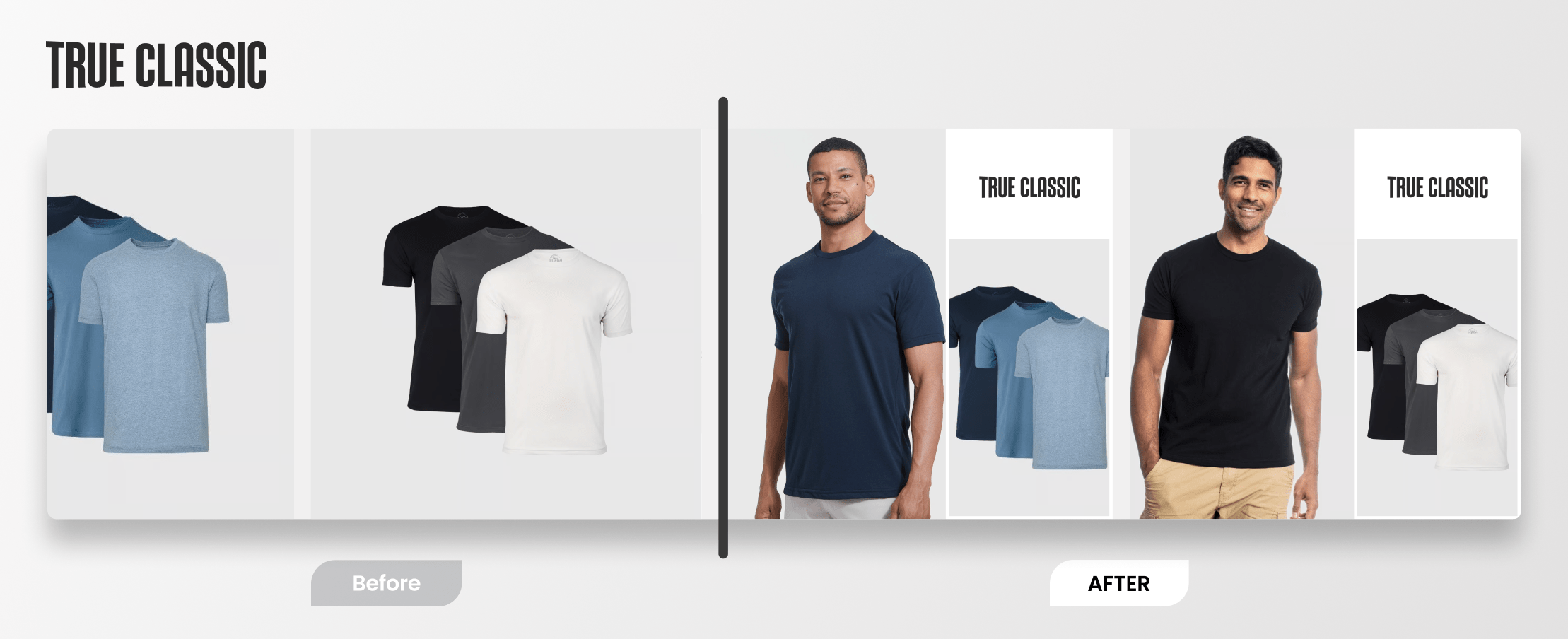A comparison of clothing brand True Classic's dynamic ads showing plain images on the left and Socioh's designs on the right