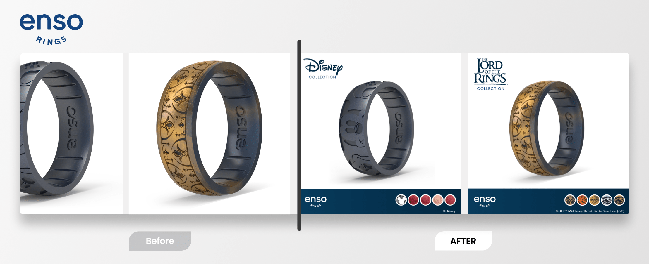A comparison of ticket sales company Enso Rings' dynamic ads showing default images on the left and Socioh's designs on the rights.
