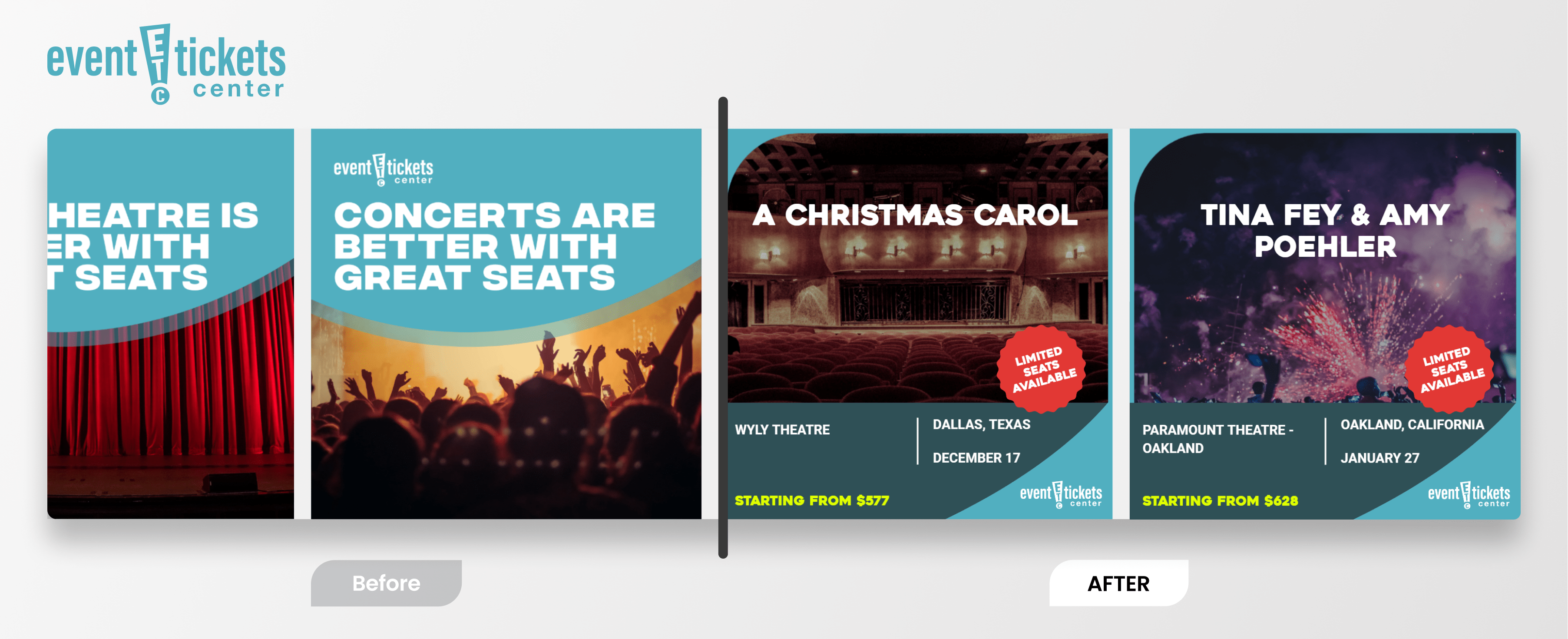 A comparison of ticket sales company Event Tickets Center's dynamic ads showing default images on the left and Socioh's designs on the rights.