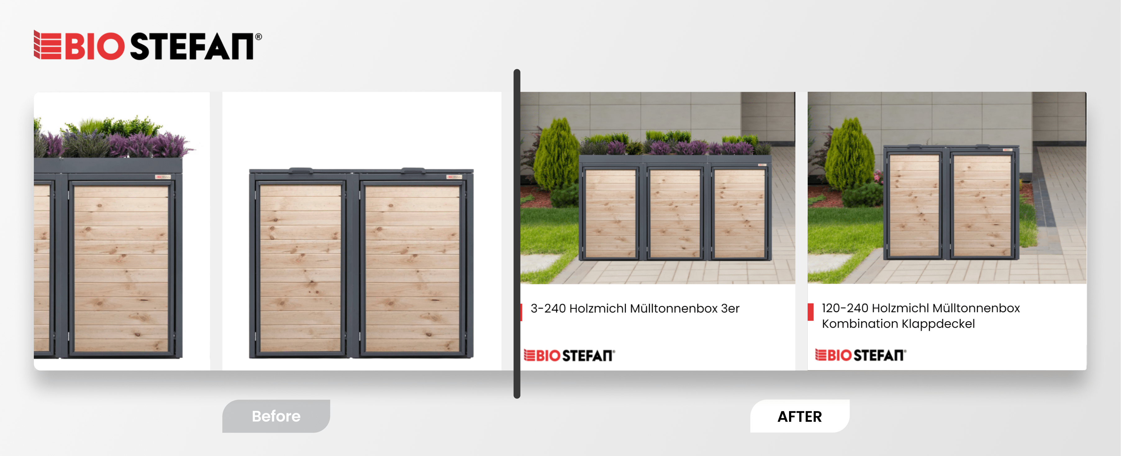 A comparison of outdoor decor brand Bio Stefan's dynamic ads showing plain images on the left and Socioh's designs on the right
