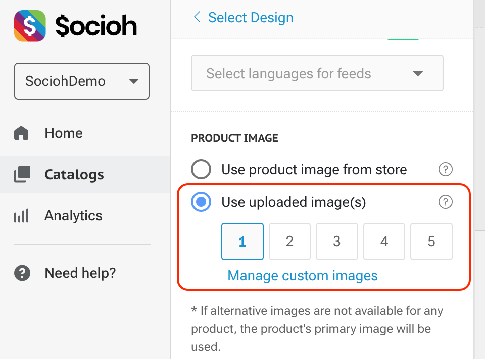 Screenshot from Socioh's catalog tool, showing how to upload a custom product image to create your dynamic ads