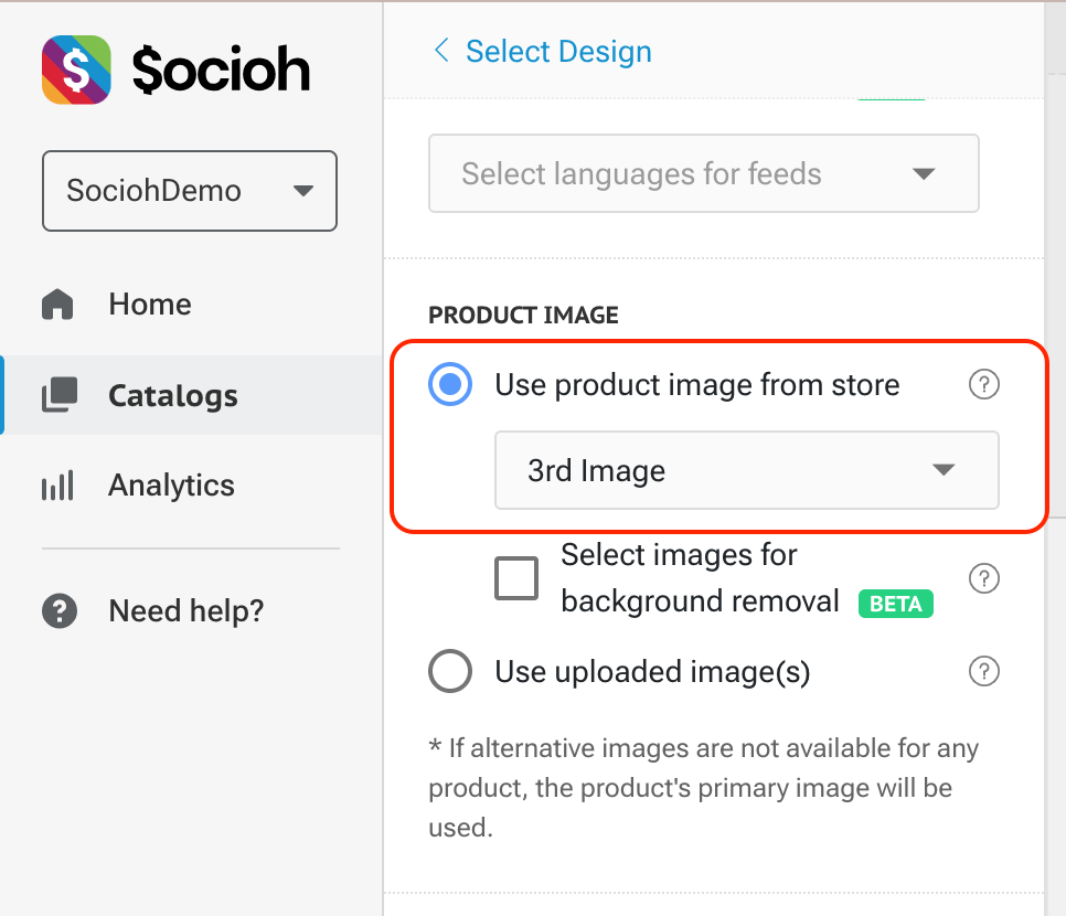Screenshot from Socioh's catalog tool, showing how to choose a secondary product image to create your dynamic ads