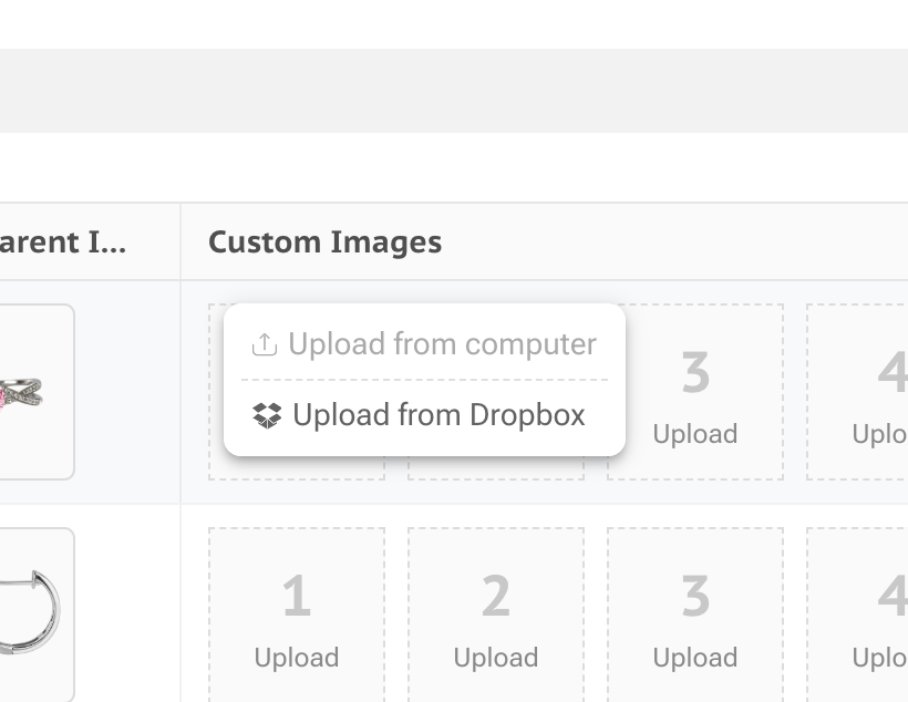 Screenshot from Socioh's catalog tool, showing the grid where custom images may be uploaded either via your computer or via Dropbox