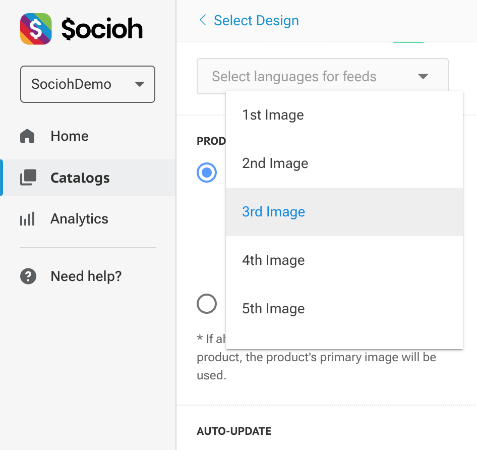 Screenshot from Socioh's catalog tool, showing how to choose a secondary product image to create your dynamic ads, screenshot 2