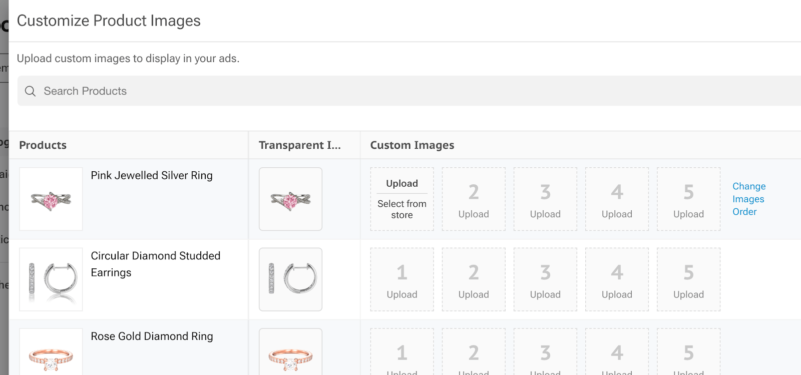 Screenshot from Socioh's catalog tool, showing the grid where custom images may be uploaded and managed