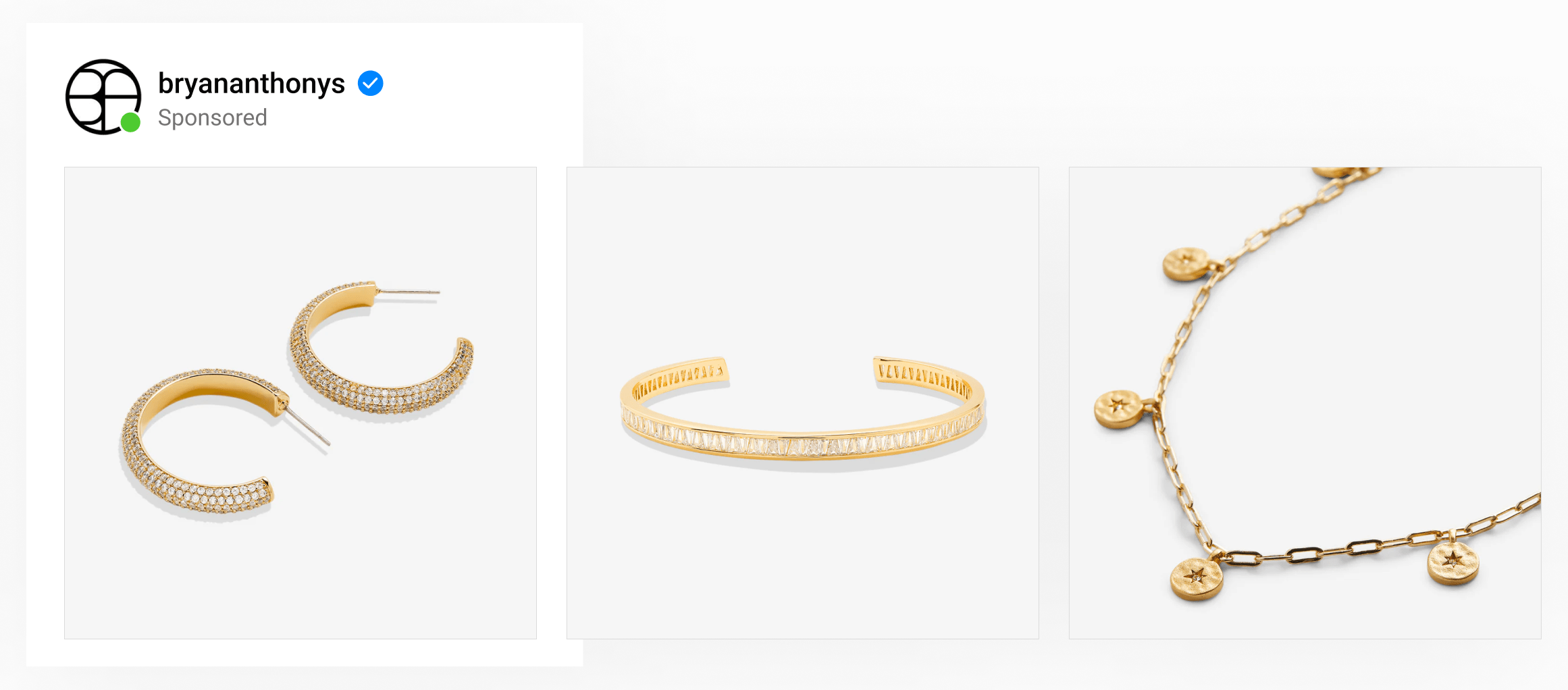 A carousel ad of women's jewelry with plain white backgrounds