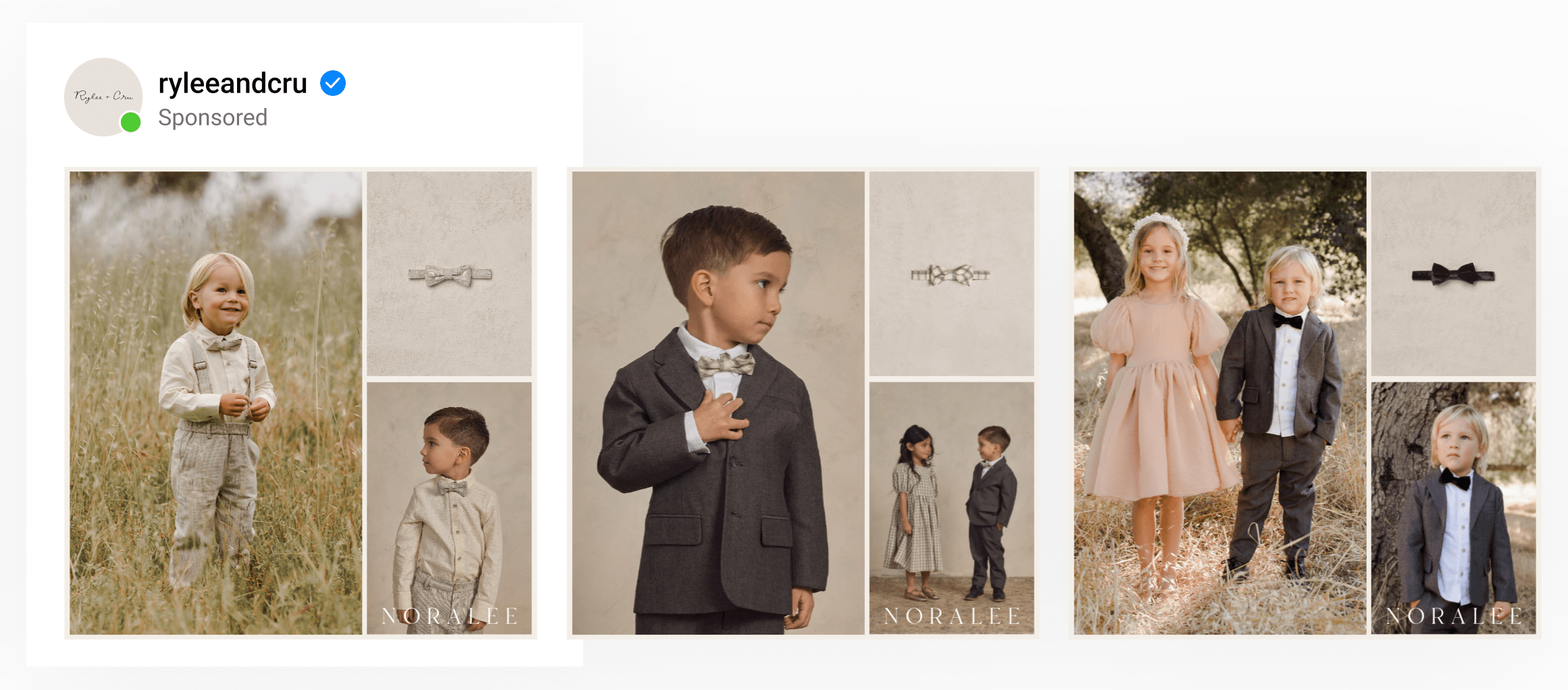 A 3-image template by a kids apparel brand with a vertical lifestyle image on the left and 2 smaller images on the right.