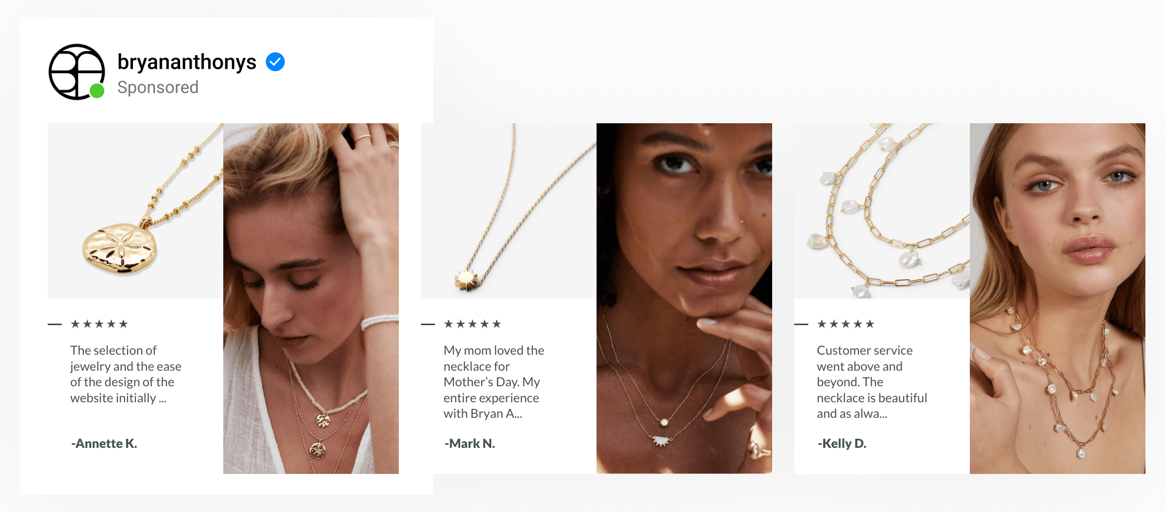 A 2-image template by a jewelry brand showing women wearing a necklace & a close-up of a necklace. Includes user reviews.
