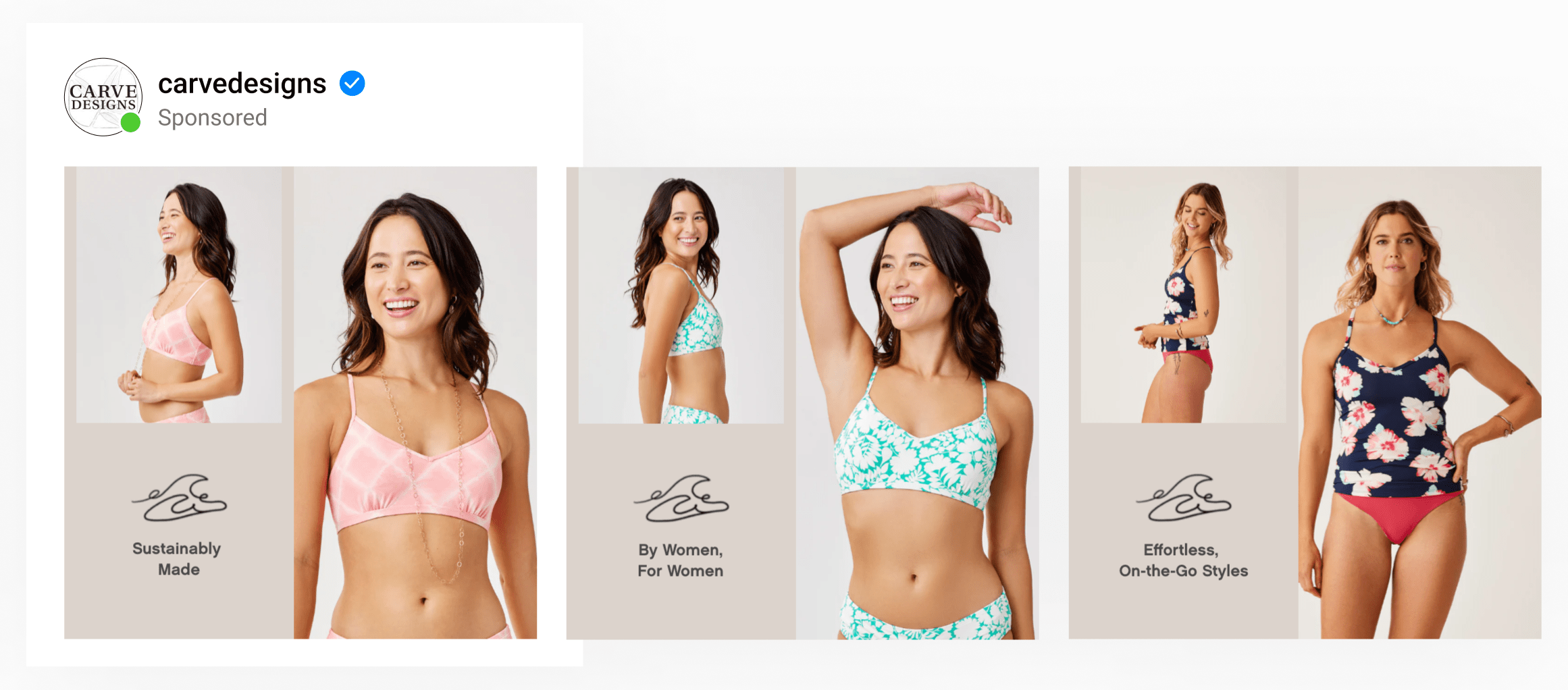 A dynamic ad template by women's clothing brand using two model shots side-by-side with rotating unique selling points.