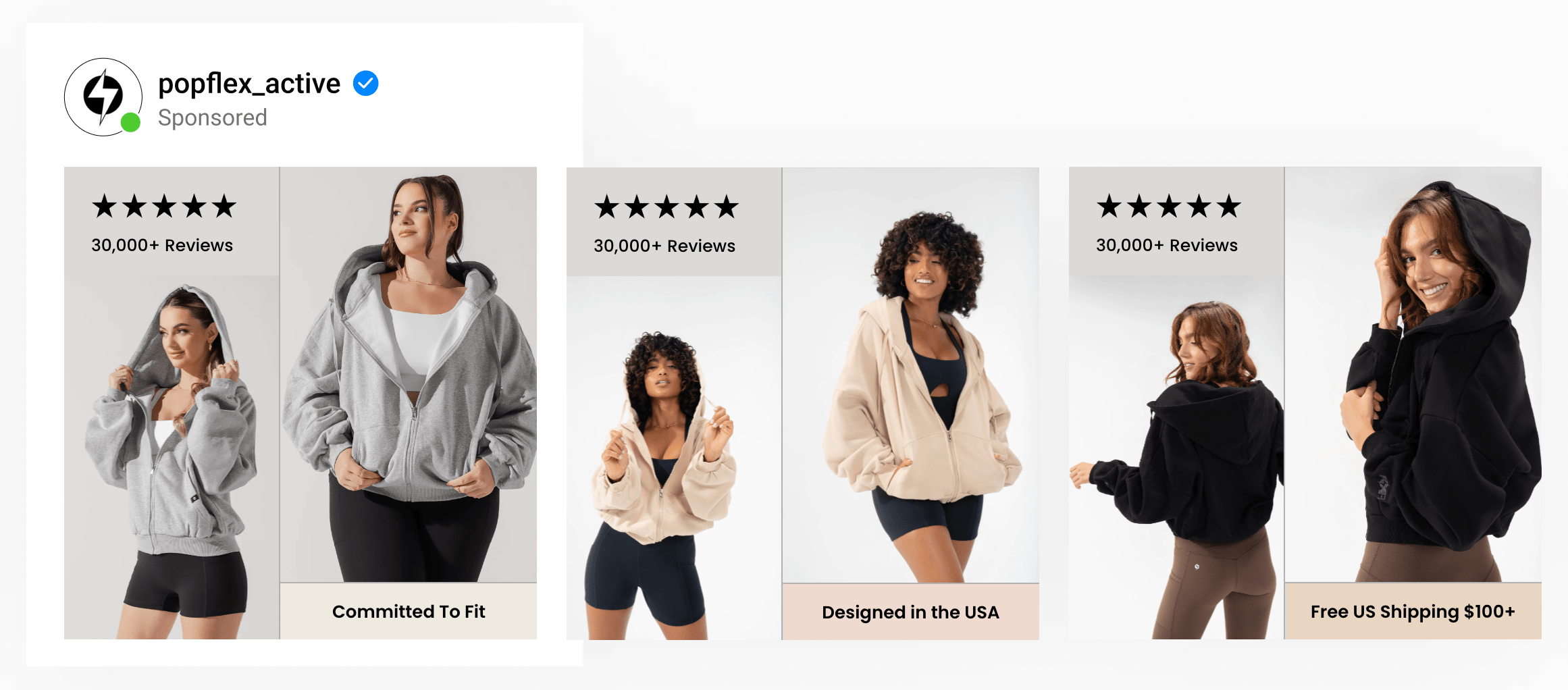 A dynamic ad template by athleisure brand using lifetsyle images with review count, 5 stars & unique selling points.