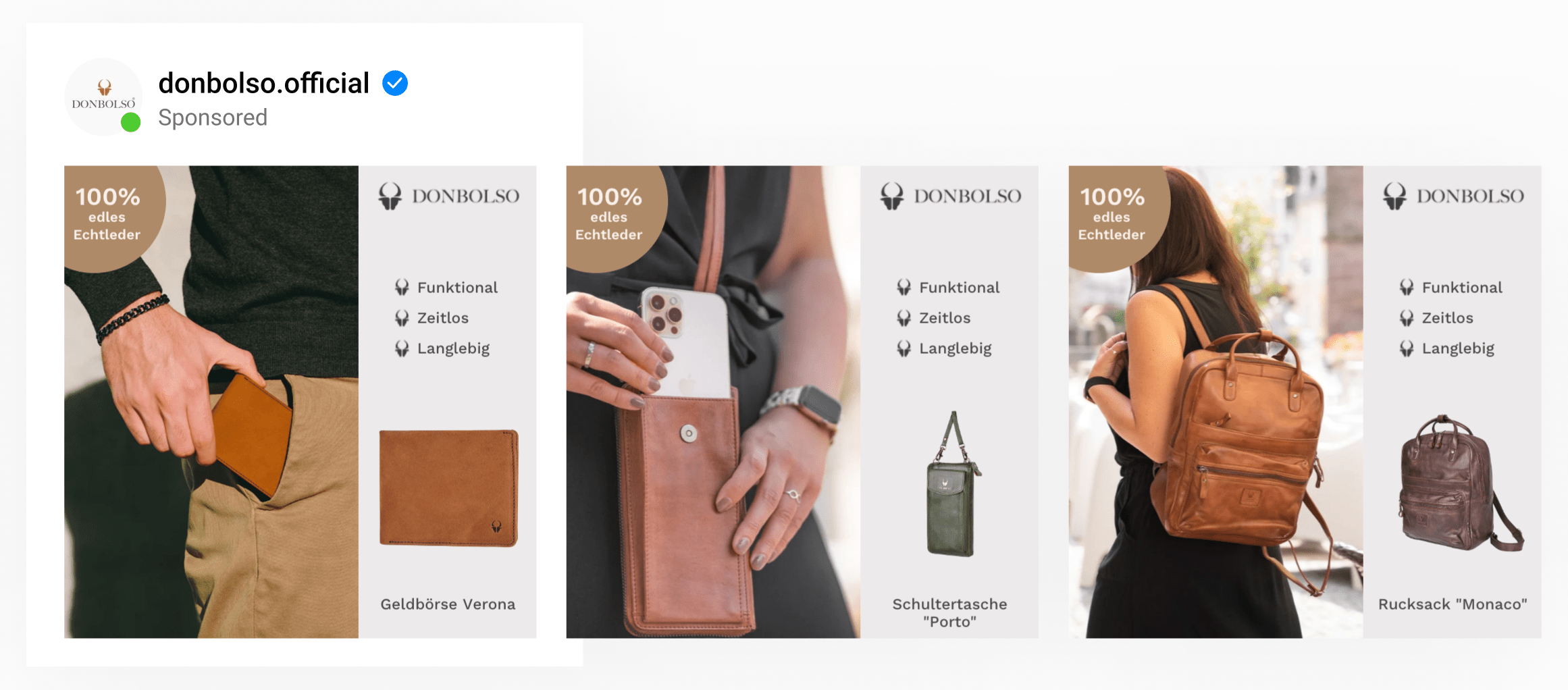 A two-image template by a clothing accessories brand with a lifestyle image & product image side-by-side and unique selling points.